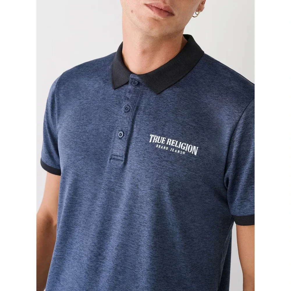 True Religion Polo Shirt Mens Short Sleeve Heathered Blue Black Logo‎ Casual